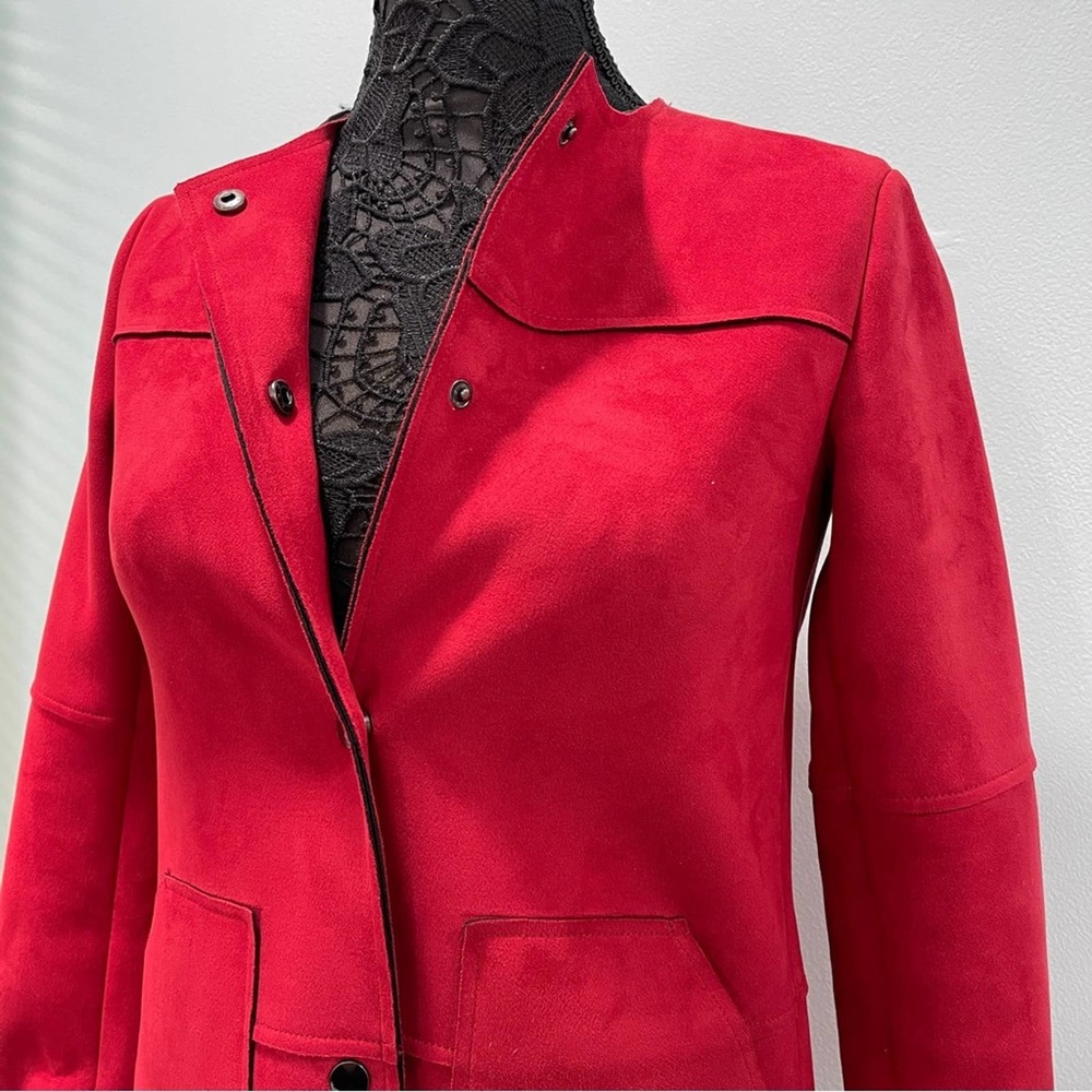 Red Stretch Faux Suede Snap Close Coat Collarless Jacket Pocket Travel Size 2 XS